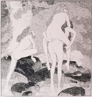 Franz von Bayros (1866-1924): Három grácia (szecessziós erotikus jelenet). Nyomat, papír, jelzett a nyomaton, lap széle kissé sérült és kissé foltos, 21,5×21 cm