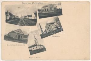 1918 Mercyfalva, Merczyfalva, Merczifalva, Carani, Mertisoara; Strassen-Ansicht, Post-Amt, Geschäft des Fritz Johann, Dampfmühle, Kirche u. Schule. Photogr. G. Richter / utcakép, postahivatal, üzlet, malom, templom, iskola / street, post office, shop, mill, church, school (EB)