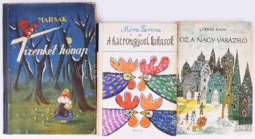 5 db mesekönyv: Jonathan Swift: Gulliver utazása Lilliputban.; József Attila: Gyönyörű, gyönyörű.; L. Frank Baum: Oz, a nagy varázsló.; Móra Ferenc: A hatrongyosi kakasok.; Marsak: Tizenkét hónap. Változó állapotban.