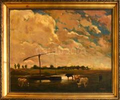 Pázmán József (1910-1991): Táj gémeskúttal. Olaj, vászon, jelzett. Dekoratív, kissé sérült fakeretben, 80×100 cm. KIZÁRÓLAG SZEMÉLYES ÁTVÉTEL, NEM POSTÁZZUK / ONLY PERSONAL COLLECTION IN OUR OFFICE!