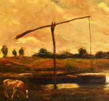 Pázmán József (1910-1991): Táj gémeskúttal. Olaj, vászon, jelzett. Dekoratív, kissé sérült fakeretbe...