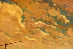 Pázmán József (1910-1991): Táj gémeskúttal. Olaj, vászon, jelzett. Dekoratív, kissé sérült fakeretbe...