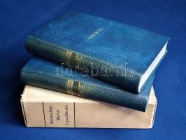 Nietzsche, Friedrich:  Werke in zwei Banden. Ausgewählt und eingeleitet von August Messer. Band I-II. [Teljes mű két kötetben.] [Lipcse] Leipzig, (1930). Alfred Kröner Verlag (Druck von J. B. Hirschfeld). 1 t. (címkép) + XXXI + [1] + 581 + [1] p.; 1 t. (címkép) + VII + [1] + 612 p. Egyetlen kiadás. Bőrkötésű luxuskiadás. Az August Messer (1887-1937) német filozófiatörténész által szerkesztett munka Friedrich Nietzsche valamennyi filozófiai írását közreadja. Gót betűs szövegoldalakkal, a második kötet végén tárgymutatóval. Egységes, aranyozott kiadói bőrkötésben, felül aranyozott lapszélekkel, gerincén feliratozott kiadói kartontokban. Dekoratív, szép példány.