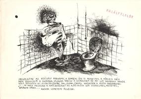 Halálfolklór. Benkő Viktor 11 groteszk grafikája Kornis Mihály kisprózáihoz, illusztrált kiadói mappában. (Dedikált.) Budapest, [1992 körül]. [Nyomda nélkül]. 11 nyomat, méretük egységesen: 205x295 mm. Dedikált: "Bajkózajkó Anikónak: Benkő Viktor". Nyomatainkon Benkő Viktor (sz. 1950) grafikusművész szürreális rajzai Kornis Mihály 1976-1979 között, eredetileg folyóiratokban megjelent kisprózáit kísérik. A Kádár-kori állampolgárok tragikusan groteszk nyomorúságait elbeszélő rövidprózák munkahelyi, futballmérkőzési, múzeumlátogatási, közlekedési, párkapcsolati jeleneteket adnak közre. Valamennyi nyomatot "Halálfolklór" feliratú bélyegzés, a tartalmazó mappa belső oldalán a grafikusművész saját kezű dedikálása. Prov.: Bajkó Anikó textilművész (1947-2025), Ferenczi Noémi-díjas iparművész, számos kiállítás díjazottja, a Velemi Textilművészeti Alkotótelep szervezője. Jó állapotú lapok illusztrált kiadói mappában. Jó példány.