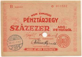 1946. 100.000AP nem kamatozó Pénztárjegy "B * 011887", "Másra át nem ruházható" felülbélyegzéssel, "Budapest" bélyegzéssel, lyukasztással érvénytelenítve, hátoldalán bélyegzés, aláírás és ékezethiány "számu" T:XF,VF Adamo P58