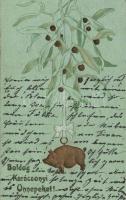 Christmas mistletoe and pig Emb. litho