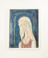 Búslakodó lány - jelzett tűzzománc kép, keretben, 20x15 cm