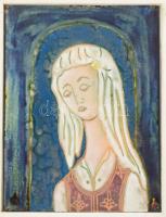 Búslakodó lány - jelzett tűzzománc kép, keretben, 20x15 cm