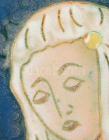 Búslakodó lány - jelzett tűzzománc kép, keretben, 20x15 cm