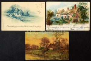 57 db RÉGI (1905) főleg litho művészlap kis dobozban, közte 1 fotó / 57 pre-1905 litho art postcards in a small box, with 1 photo