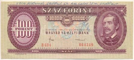 1984. 100Ft "B 604 064349" dedikált Fekete János MNB elnökhelyettes T:XF  Adamo F35