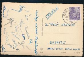 1957 A magdeburgi vízilabdatornáról hazaküldött képeslap aláírásokkal (Brindza, Hasznos, Koncz, Kuczora, stb.)