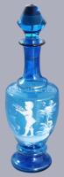 Szecessziós zománcfestett kék italos üveg, m: 25 cm