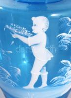 Szecessziós zománcfestett kék italos üveg, m: 25 cm