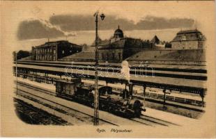 1928 Győr, pályaudvar, vasútállomás, gőzmozdony. Szántó Imre kiadása (EB)
