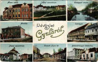 Gyula, mozaiklap 8 képpel, közte árvaház, kórház, szövőgyár. Leopold nyomda kiadása (EM)