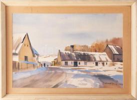 Dobroszláv József (1932-2016): Utcarészlet járókelőkkel, 1971 Akvarell, papír, jelzett. Fakeretben, 29x43 cm
