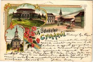 1898 Gyula, Göndöcs népkerti pavilon, Megyeház utca, Takarékpénztár, Római katolikus templom. Dobay János kiadása. Wlaszlovits G. Art Nouveau, floral, litho (vágott / cut)