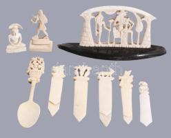 9 db tevecsont faragott dísztárgy, kanál, levélnyitó, iratklipsz, 15 cm ig