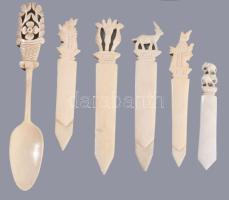 9 db tevecsont faragott dísztárgy, kanál, levélnyitó, iratklipsz, 15 cm ig