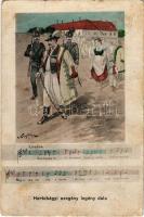 1916 Hortobágyi szegény legény dala. Magyar folklór, csendőrök. Aczél Henrik kiadása (Debrecen) / Hungarian folklore art postcard, gendarmes s: Vargha (szakadás / tear)