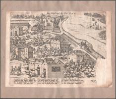 A németországi Hahn középkori várának látképe, csatajelenettel (Das Schloss und die Stat Han), rézmetszet, papír, lapra kasírozva, ázásnyomokkal, jobb alsó sarkán hiánnyal, 21x27,5 cm