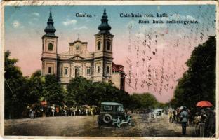 1931 Nagyvárad, Oradea; Catedrala rom.-kath. / Római katolikus székesegyház, automobilok / Roman Catholic church, automobiles (gyűrődések / creases)