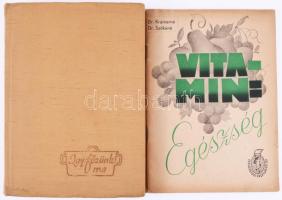Brüklerné Buday Ella: Így főzünk ma. Bp., 1959, Minerva, 355+[1] p. Első kiadás. Kiadói egészvászon-kötés, kissé foltos borítóval. + Krámer Mihályné - Szőke Sándorné: Vitamin = egészség. Bp., é.n., Medicina, 45+[3] p. Kiadói tűzött papírkötés.