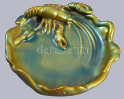 Zsolnay eozin mázas névjegykártyatartó, rákkal küzdő kígyó alakjával, jelzett, ragasztott, d: 15 cm