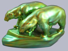 Zsolnay eozin mázas jegesmedvepár. Jelzett, hibátlan, 20x12 cm