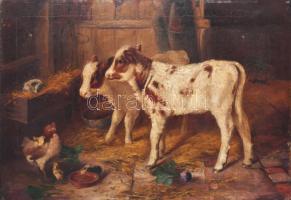 Jelzés nélkül, XX. sz. eleje: Bocik, csibék és kutya az istállóban. Olaj, vászon, restaurált, dublírozott. 45,5x65,5 cm