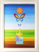 Ábrahám Rafael (1929-2014): Aranykancsó, 1994. Olaj, farost. Jelezve jobbra lent. Fakeretben. 70x50 ...