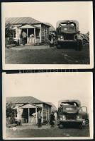 1958 Szovjetunió, teherautó egy ház mellett, 2 db fotó, a hátoldalon feliratozva, 9x12 cm