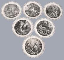 Sarreguemines 6 darabos dísztál készlet François Boucher festményeinek reprodukcióival díszítve, jelzett, egy tálon lepattanással, d: 19,5 cm