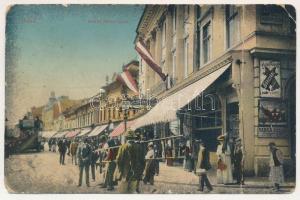 Arad, Aczél Péter utca, Varga József, Weisz Farkas üzlete, takarékpénztár, omnibusz / street, shops, savings bank, omnibus (EM)