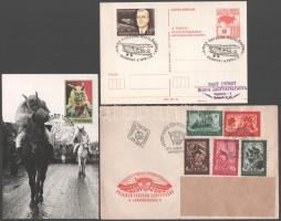 Kis vegyes küldemény tétel, benne ca. 60 db díjjegyes , FDC, alkalmi bélyegzésű lap, emléklap + 1988 Bélyegnaptár, Magyar Posta tájékoztató nyomtatványai, és néhány külföldi régebbi bélyeg