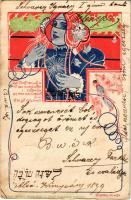 1899 Alles strebt dem Lichte zu mit den sehnlichstem Verlangen... Franz Schöler Wien XIX. / Szecessziós újévi üdvözlőlap, héber nyelvű felirattal / Art Nouveau lady New Year greeting art postcard with Hebrew text s: G. Liberali (EK)