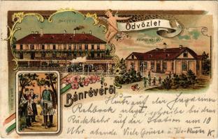 1902 Bánréve, vasútállomás, gőzmozdony, Hámos kastély, népviselet, nemzetiszínű szalag. Grad M. kiadása. Art Nouveau, floral, litho + "MISKOLCZ - FÜLEK 42. SZ." vasúti mozgóposta bélyegző (EB)