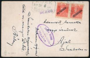 1919 Képeslap Debrecenből debreceni cenzúrával, "AJAK" postaügynökségi bélyegzéssel