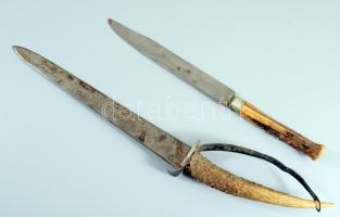 2 darab antik kés szarv markolattal, h: 27-37 cm