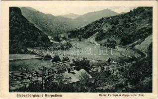 Vöröstoronyi-szoros, Roter Turmpass, Roter-Turm-Pass, Pasul Turnu Rosu; Ungarischer Teil, Siebenbürgische Karpathen. Jos. Drotleff Nr. 303. 1918. / Magyar oldal, Erdélyi Kárpátok, vasút, fatelep / Hungarian side, Transylvanian Carpathians, railway, lumber yard (EK)