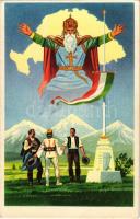 1940 Szent István országa - Nagyság és béke. Kiadja az Ereklyés Országzászló Nagybizottsága / Hungarian irredenta propaganda art postcard, Treaty of Trianon + "1940 Csíkszereda visszatért" So. Stpl. (EK)