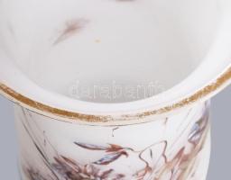 2 darab zománcfestett opalitüveg nagyváza, jelzés nélkül, aranyozáson kopással, m: 38 cm