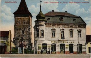 Nagyszalonta, Salonta; Arany emlékszobák az Arany Emlék-Egyesület bérházával, Wessely és Biró üzlete. Képiró Károly kiadása / museum, shops (EK)