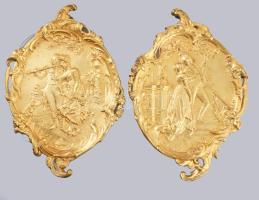 Antik aranyozott bronz zsánermintás falidísz pár, 21x14 cm