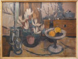 Balogh Ervin (1925-2020): Csendélet. Olaj, farost, jelezve jobbra lent. Kopott fakeretben. 60×80 cm.