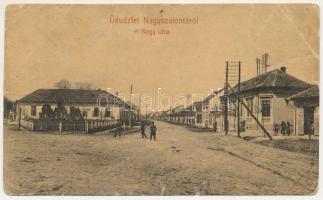1915 Nagyszalonta, Salonta; Nagy utca, üzlet, "Balra hajts" tábla. W.L. 1591. / street, shop (b)