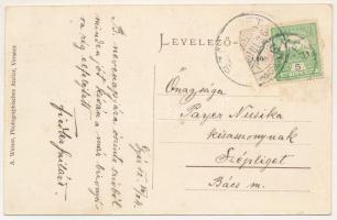 1912 Gyér, Giera; vasútállomás, gőzmozdony, vonat, Gyertyánfy Andor (Gyertyánffy) kastélyok, Községh...