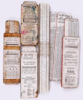 cca 1930-1960 Kárpáthegyi István építőipari kivitelező hagyatékból származó fotók, igazolványok, valamint logarléc és építőipari tolótáblázatok, vegyes állapotban