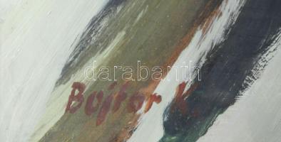 Bojtor Károly (1933-1999): Tél a hegyekben. Olaj, farost, jelezve balra lent. Hátoldalán autográf fe...